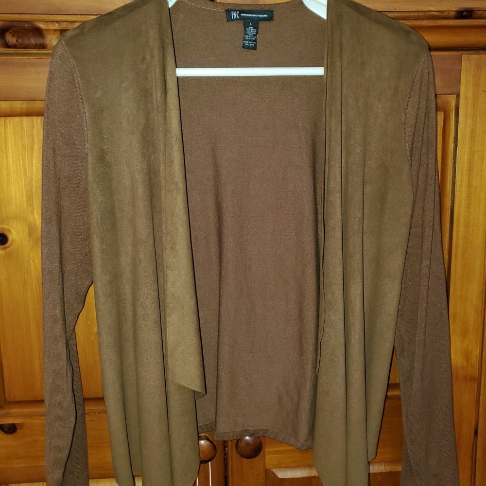 INC Women's Cardigan Brown Open Front Faux Suede L